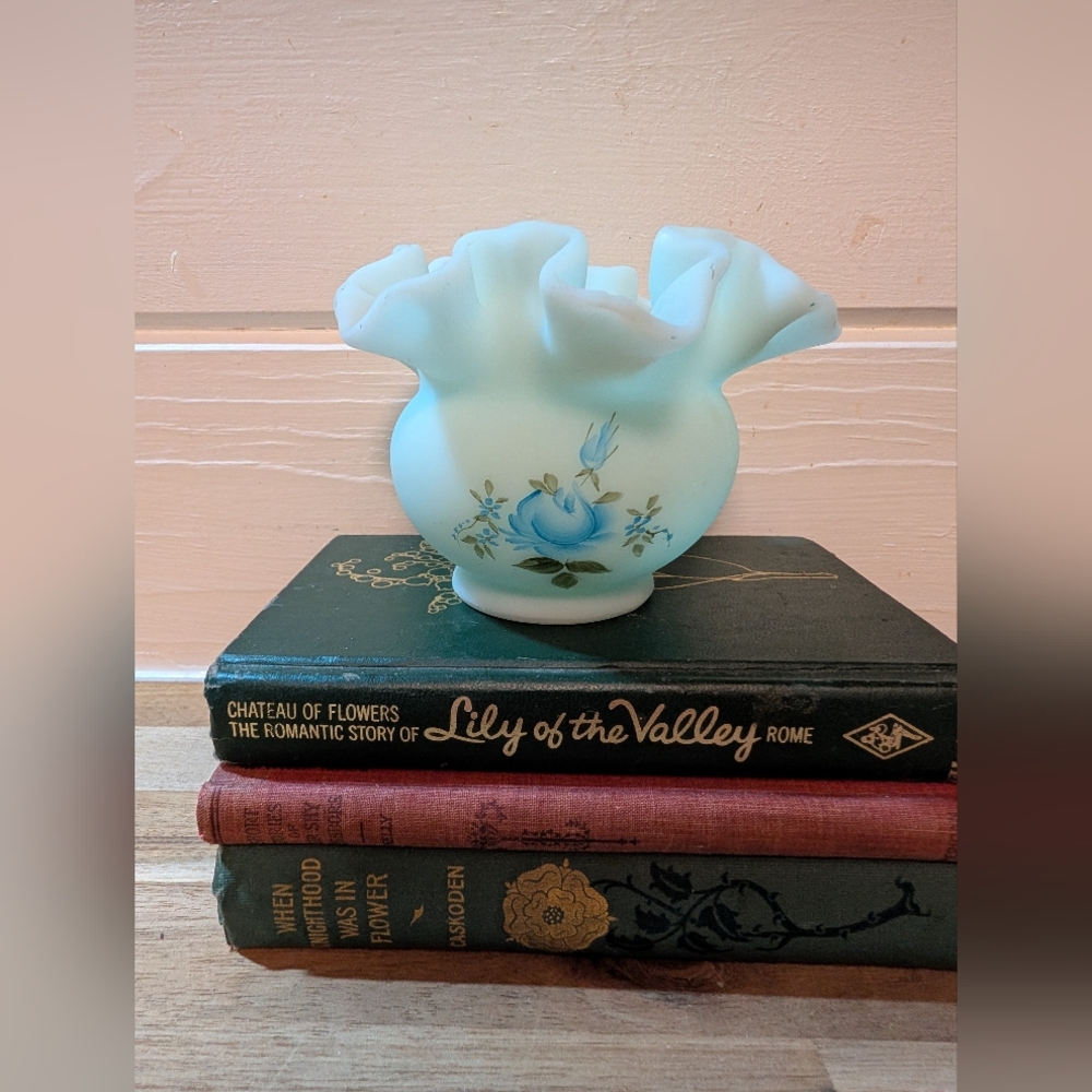 Vintage Fenton Blue Satin Rose Vase